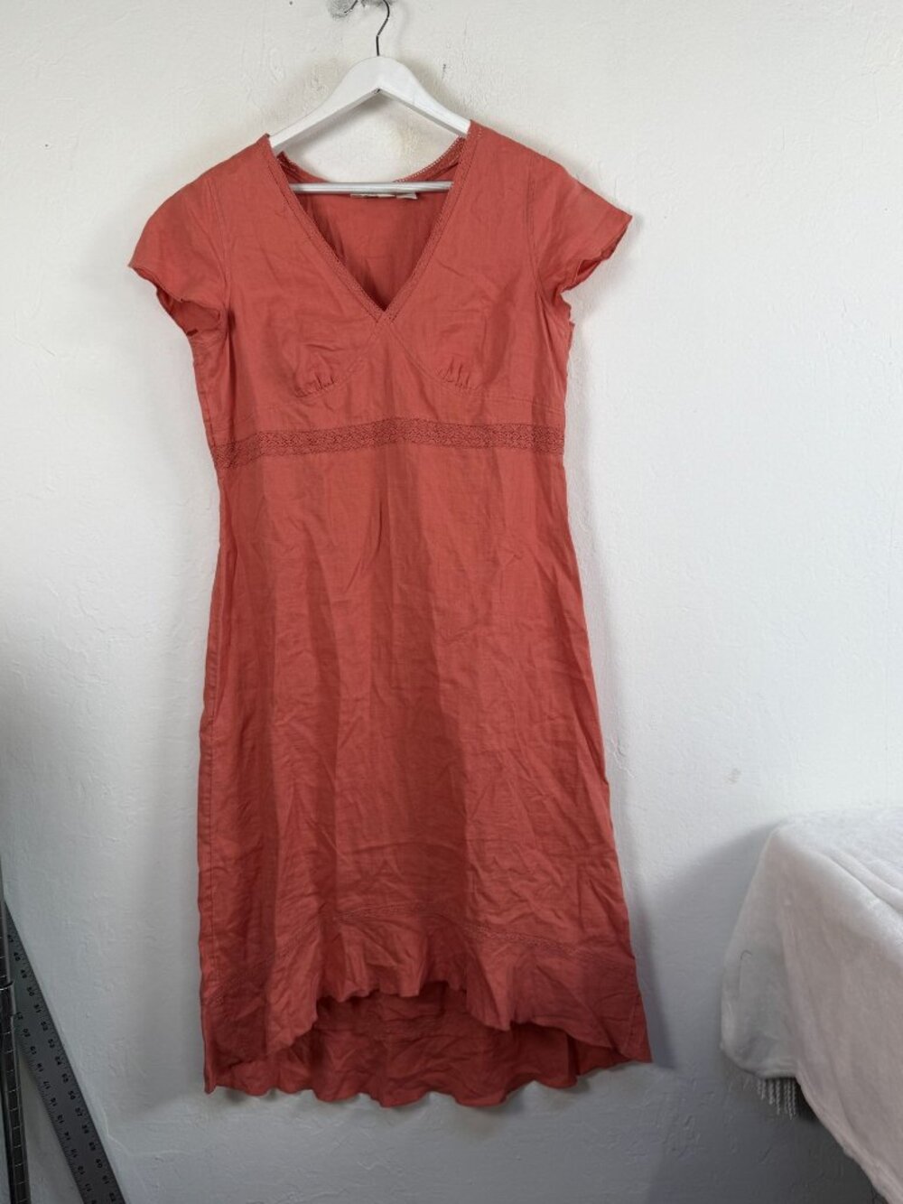 J.Jill 100% Linen Hi-Low Midi Dress Sherbet Coral V-Neck Crochet Trim Size 14